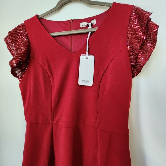 Grace Karin Crimson Red Sequin Valentine's Dress Large Asymmetrical Hem Party - Picture 5 of 8
